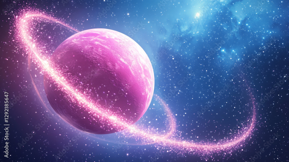 Poster pink planet ring neon light effect with circle line sparkle. digital energy twirl with magic flare e