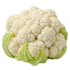 A single head of cauliflower with green leaves on a transparent background.