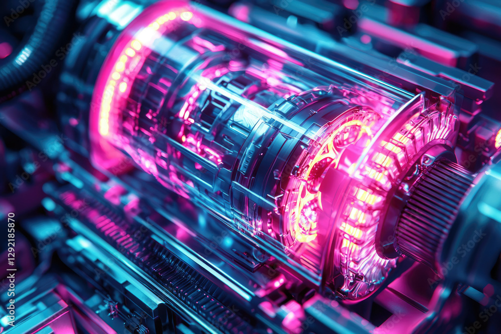 Poster close-up of a futuristic, transparent engine with glowing pink and blue components, showcasing intri