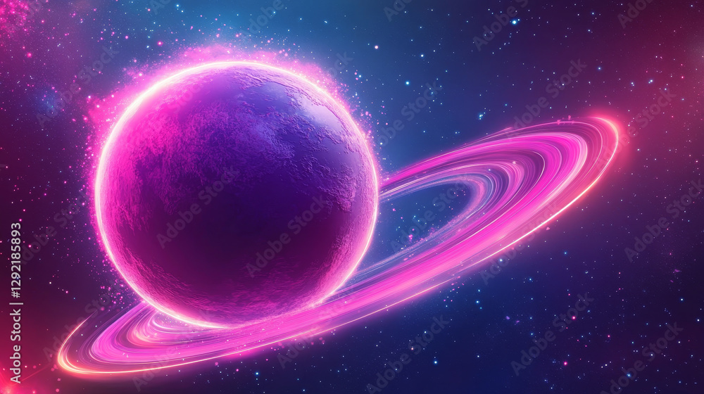 Poster pink planet ring neon light effect with circle line sparkle. digital energy twirl with magic flare e