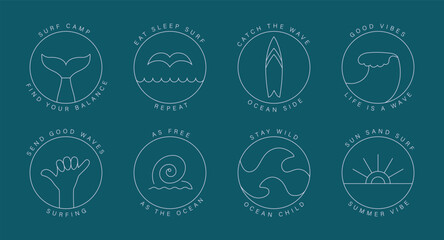 Simple minimalist line surfing badge, quote for sticker, t shirt, merch design. Trendy icons about surf, camp, holiday, vacation