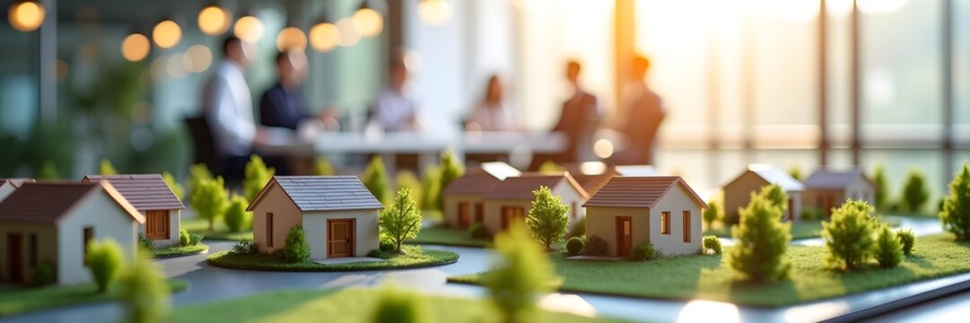 Miniature architectural model of a residential housing development, meeting of prospective investors