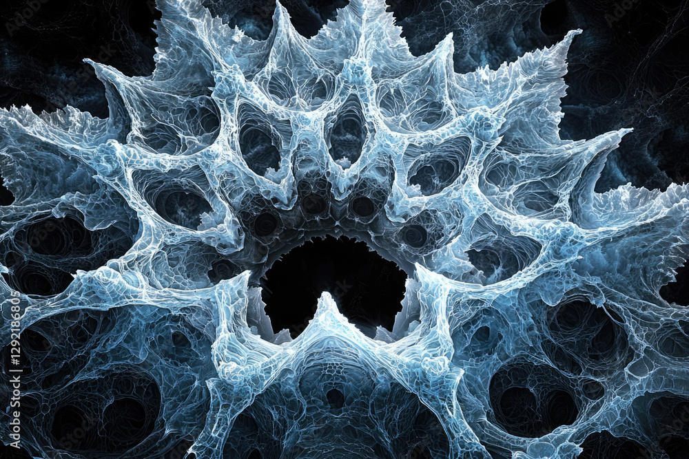 Poster Intricate fractal art resembling icy, cavernous structures with a dark center.