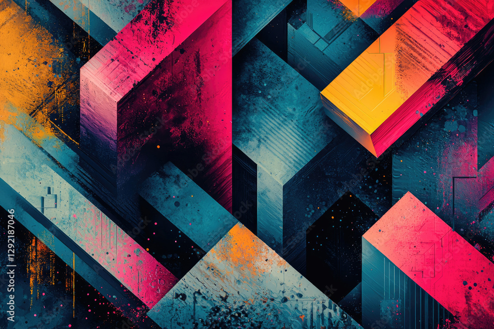 Poster abstract geometric artwork with vibrant colors and textured surfaces, creating a dynamic and energet