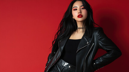 Fashion asian woman in red leather jacket and black pants posing against red background with hands on hips