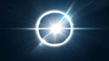 White neon glowing circle. Realistic vector illustration of light lens flare effect of circular shape with bright sparkle and streak. Shiny glare ring with ray and highlight. Luminous round frame.