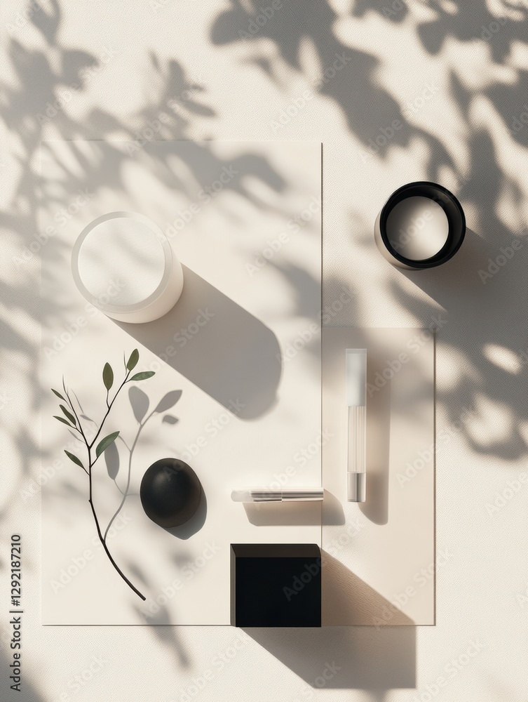 Poster Elegant arrangement of minimalistic objects with shadows and foliage in natural light. Generative AI
