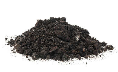 Pile of soil isolated on a white background. Fertilized dry soil. Manure soil. Dried ground pile.
