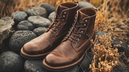 Male boots on beige background. Winter stylish leather shoes on stones with dried plant