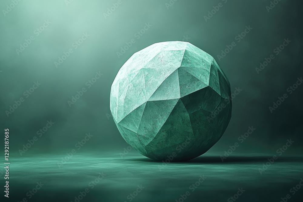 Poster A green,faceted sphere rests on a dark surface, illuminated by soft light, creating a mysterious and artistic scene.