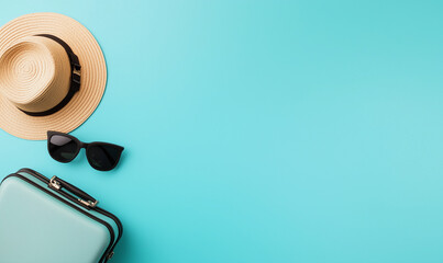 A stylish hat, trendy sunglasses, and a suitcase on a nice blue background