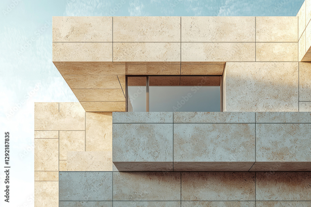 Poster modern architectural design featuring beige and gray stone facade with a balcony and large window.