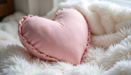 Heart-shaped decorative pillow in pastel pink resting on fluffy white blanket, creating warm inviting atmosphere