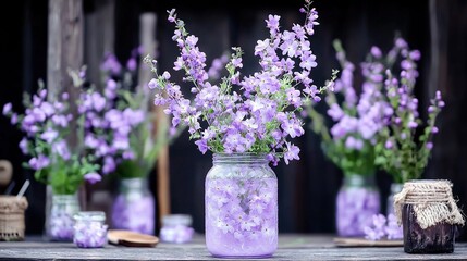 Obraz premium A collection of vases filled with vibrant purple blooms resting on a wooden table alongside similar arrangements