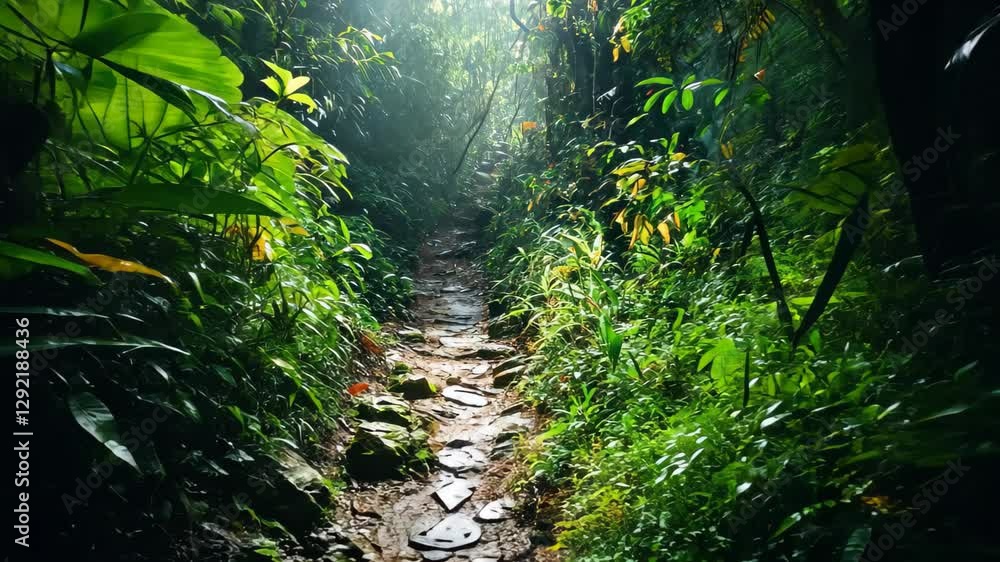 Aufkleber exploring a dense jungle trail surrounded by lush greenery and soft sunlight, dense jungle trail wit