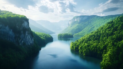 Beautiful river flowing through dense pine forest and mountains high resolution picture