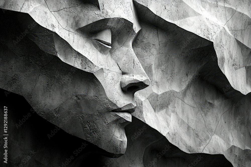 Aufkleber abstract stone sculpture of two faces in close proximity, weathered and fragmented, conveying a sens