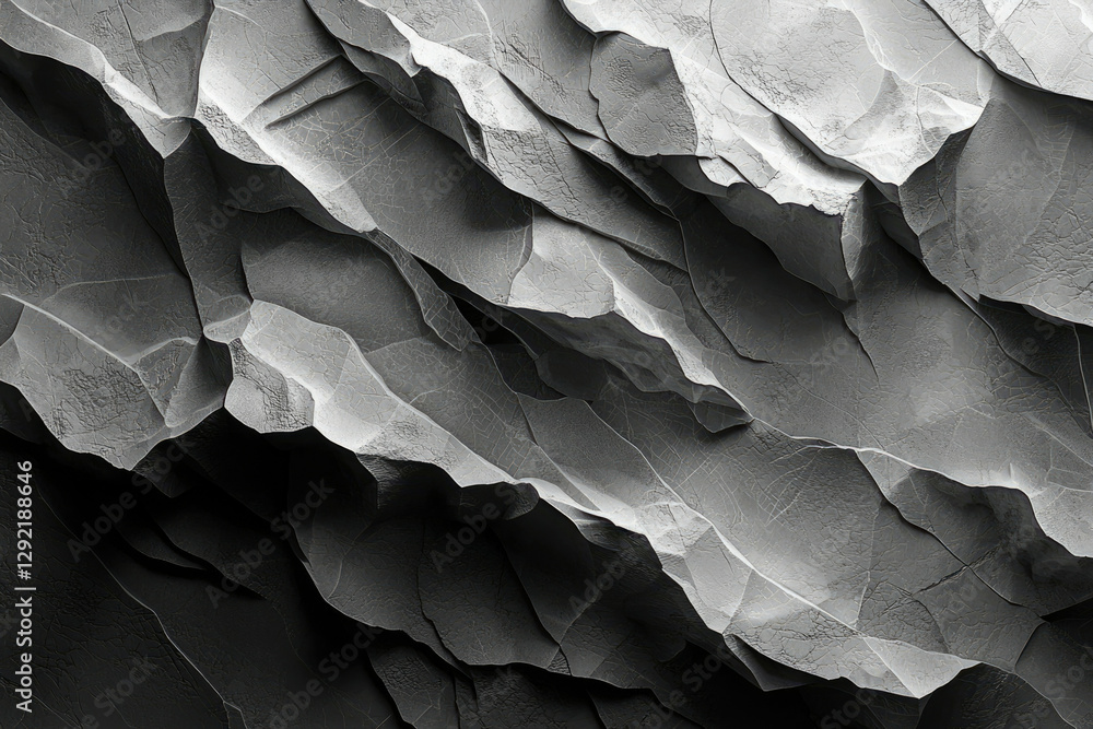 Poster Abstract grayscale image of rugged, textured rock formations, showcasing intricate patterns and shadows.