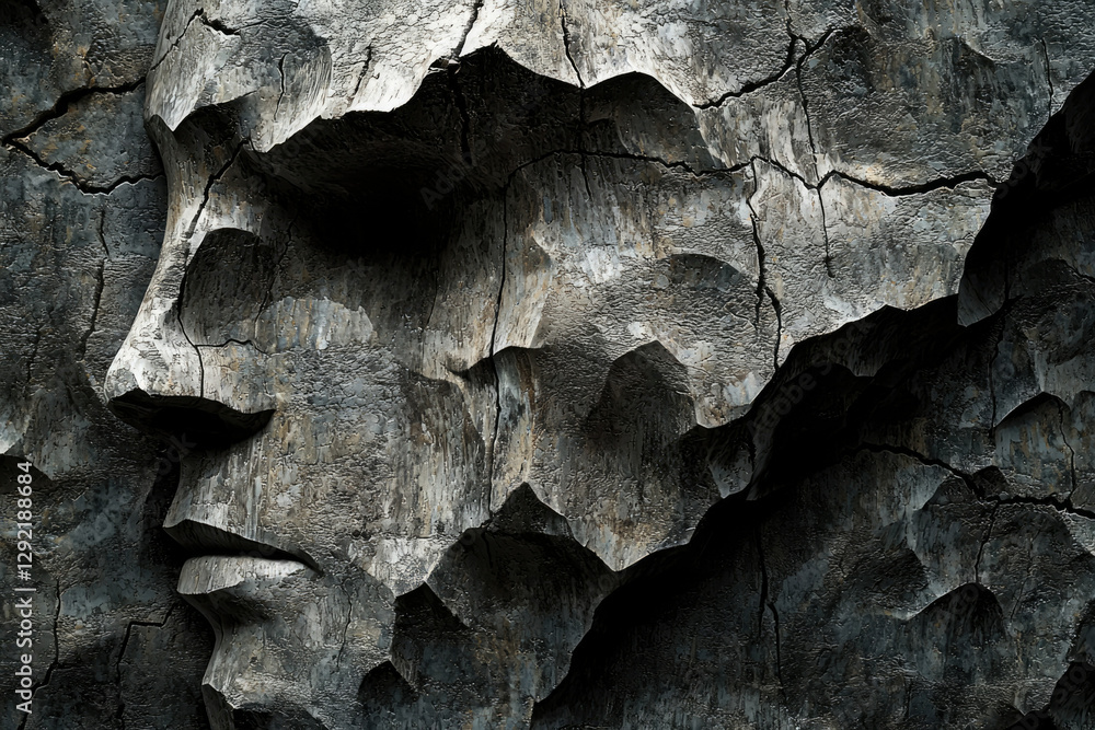 Poster a weathered stone carving depicts two faces eroded by time and elements, hinting at age and mystery.
