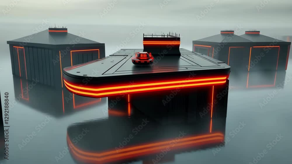Poster futuristic floating structures with neon lights hover over misty landscape creating surreal and othe
