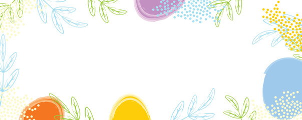 Elegant pastel Easter banner with colorful eggs, leaves, and decorative dots, empty space in the center for custom text