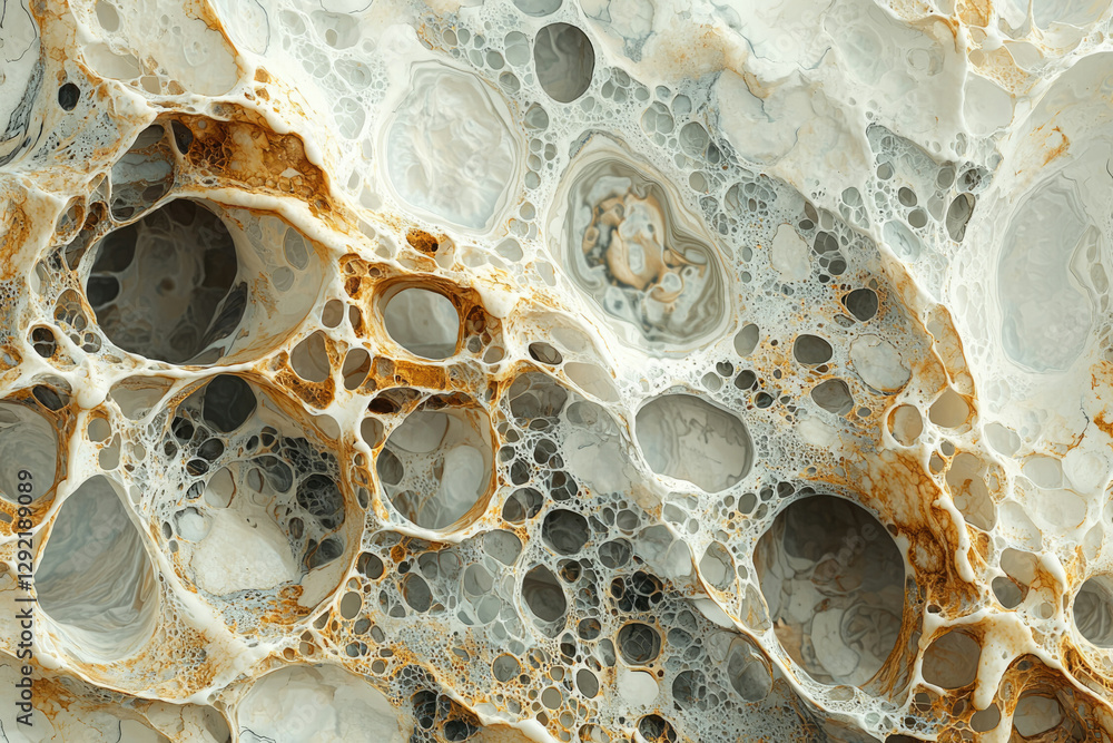Poster Abstract image depicting a porous, cavernous structure with interconnected voids and a blend of beige and brown tones.