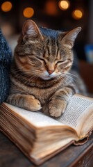 Tabby Cat Napping on Antique Book