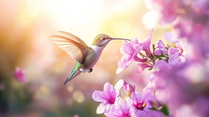 Fototapeta premium Vibrant hummingbird in mid-flight feeding on nectar from a purple thistle flower, delicate wings spread wide against a blurred green background, showcasing nature, pollination, and wildlife photograph
