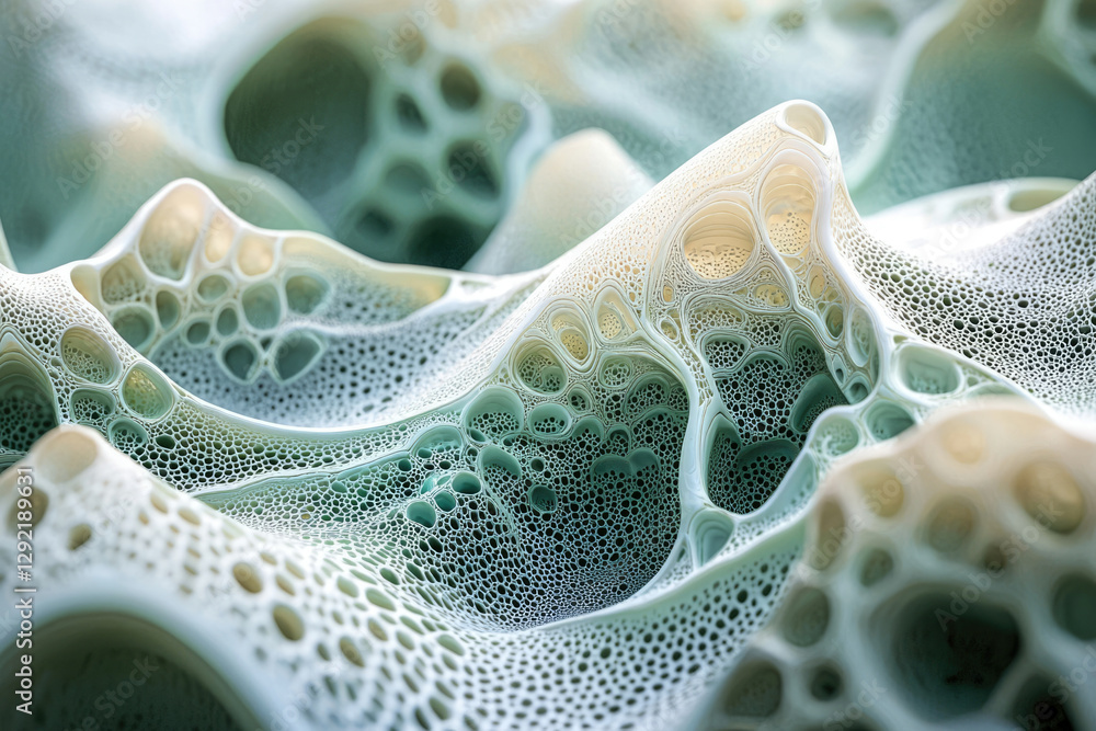 Aufkleber Abstract 3D rendering of a complex, organic structure with interconnected cavities and a porous texture.