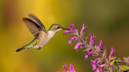 Fototapeta premium Vibrant hummingbird in mid-flight feeding on nectar from a purple thistle flower, delicate wings spread wide against a blurred green background, showcasing nature, pollination, and wildlife photograph