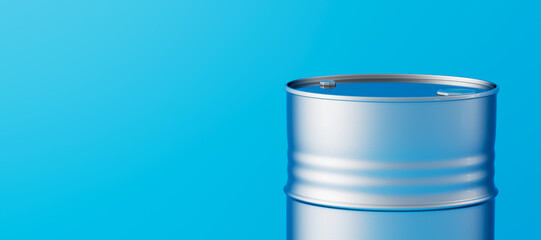 Closeup of silver metal oil barrel top on blue background. Front view. Oil industry concept. 3d render illustration