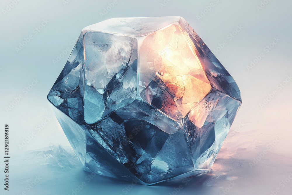 Poster a large, faceted ice crystal glows with an inner light, showcasing intricate textures and a captivat