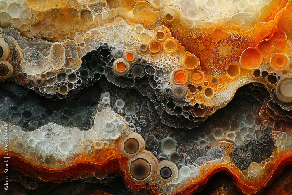 Poster abstract artwork resembling a geological formation with swirling patterns and bubble-like structures