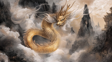 Illustration of a majestic Chinese dragon soaring through the clouds. Its long, serpentine body is covered in shimmering golden scales, with flowing whiskers and piercing eyes.