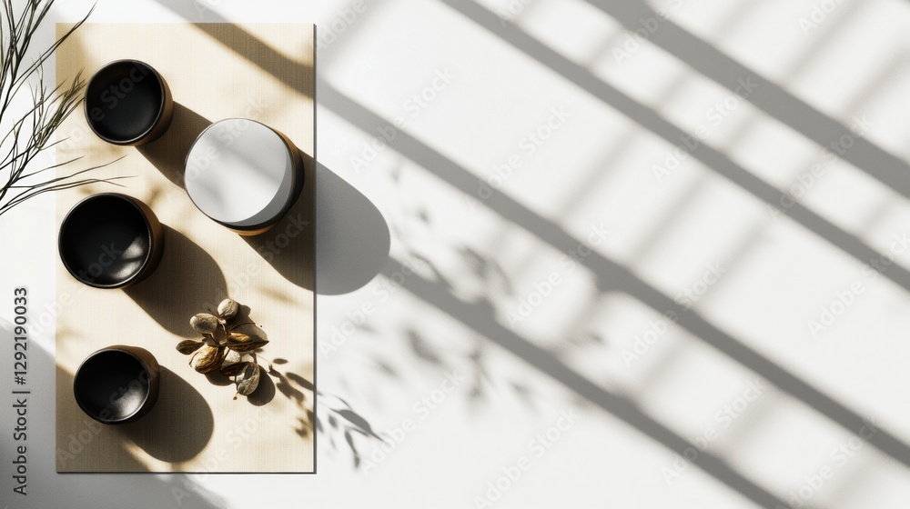 Poster decorative table arrangement with ceramic bowls and natural elements in soft sunlight and shadow pat