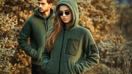 Fototapeta premium Green Hooded Jacket. warm sport. Men's hooded insulated down jacket with zip pockets. Green fleece jackets with a zipper. Unisex style isolated on white background. Fashionable green wool hoodie coat.