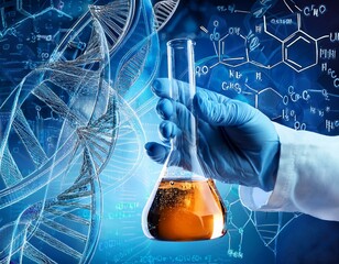 an abstract collage consisting of chemical glassware in the foreground with hand holding a test tube against the background of dna strands and various mathematical and chemical formulas
