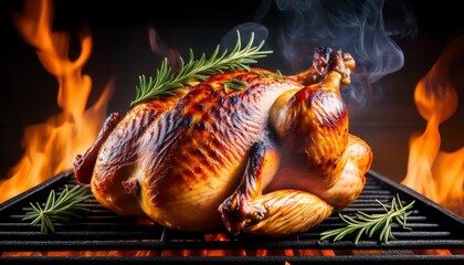 whole roasted chicken on flaming barbecue grill garnished with fresh rosemary herb smoky grill rustic cooking grilled meat