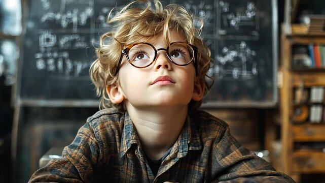 Boy with glasses, thinking, in front of chalkboard, for educational resources