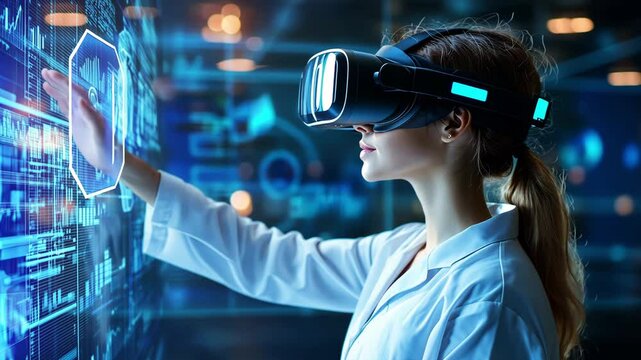 A woman scientist wearing virtual reality gear engages with interactive digital elements in a high tech laboratory setting
