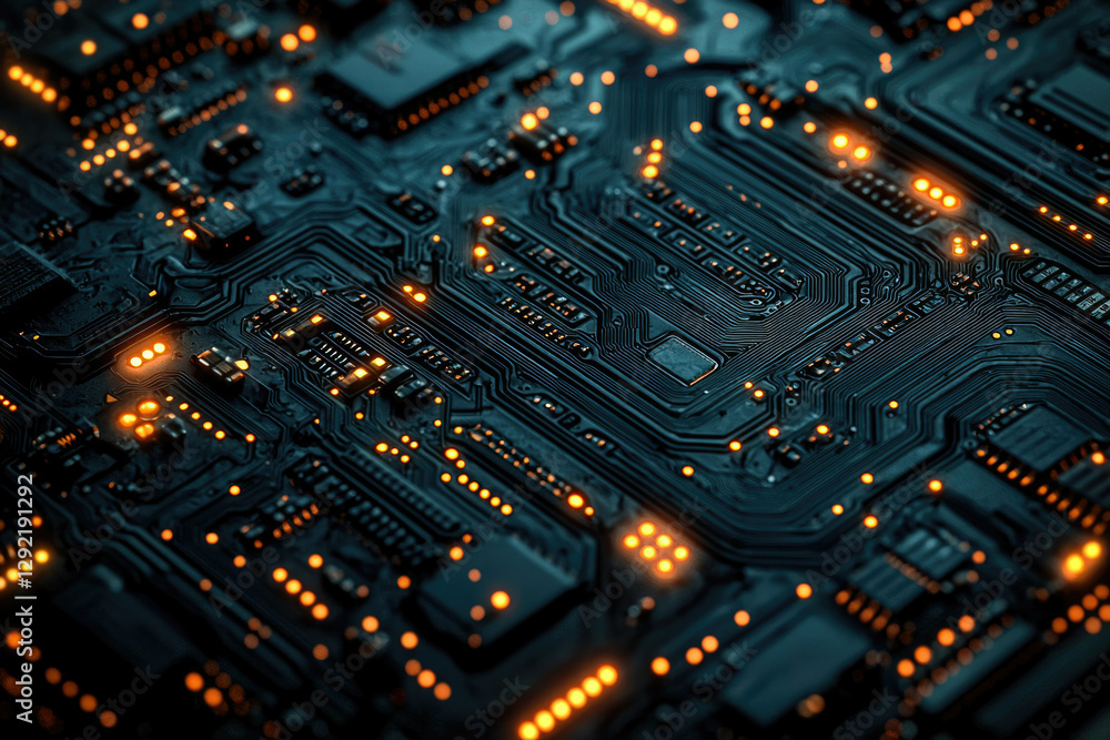 Poster Close-up of a circuit board with glowing components, showcasing intricate electronic pathways and connections.