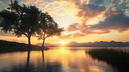 Fototapeta premium Calm river reflecting vibrant twilight sunset colors high resolution picture