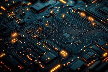 Fototapeta premium Close-up of a circuit board with glowing components, showcasing intricate electronic pathways and connections.