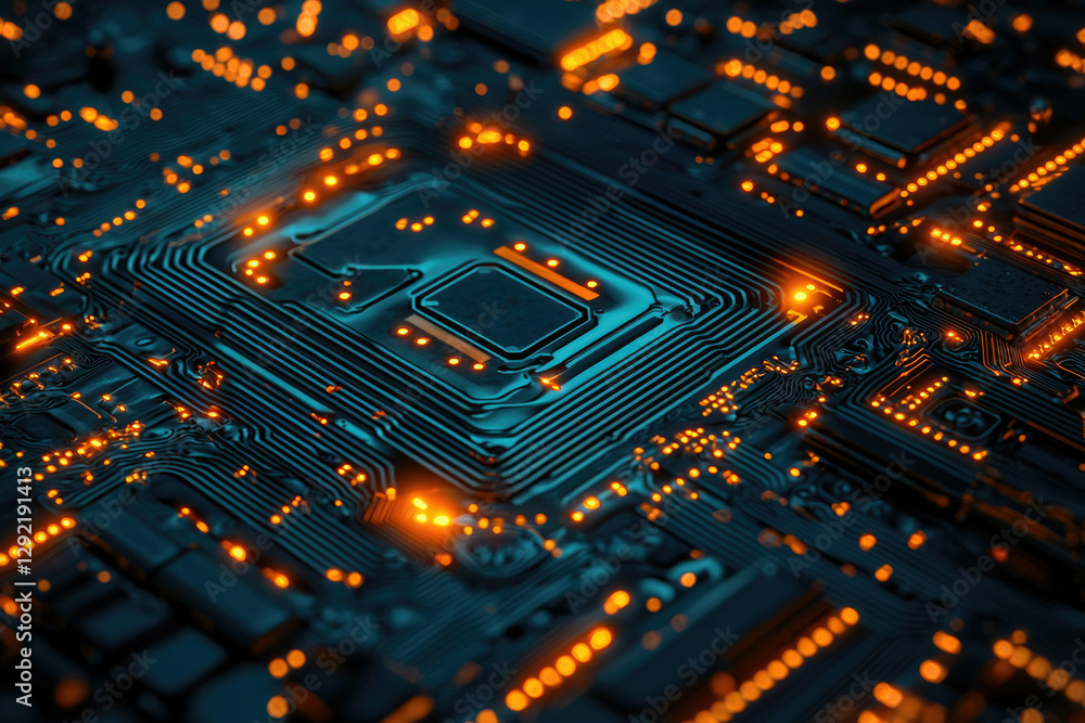 Poster Close-up view of a circuit board showcasing intricate electronic components and pathways.