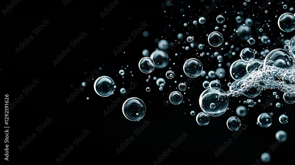 Poster a lot of bubbles float on a black background with a droplet at the base