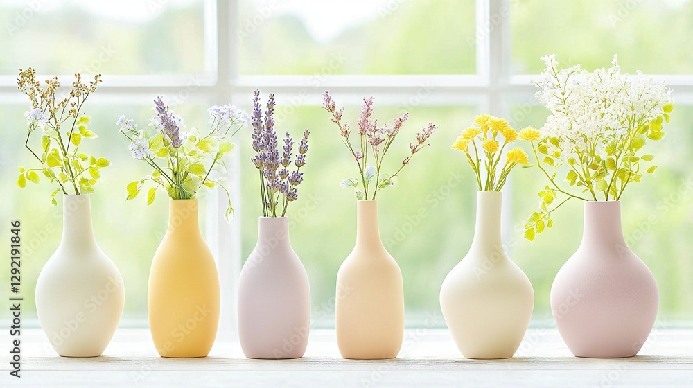 Poster row of colorful vases on sill in front of window with sill background