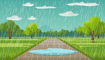 rainy landscape  illustration of rainy nature in the park puddles on a walking road against the backdrop of green grass in a clearing among trees summer rain fields and meadows