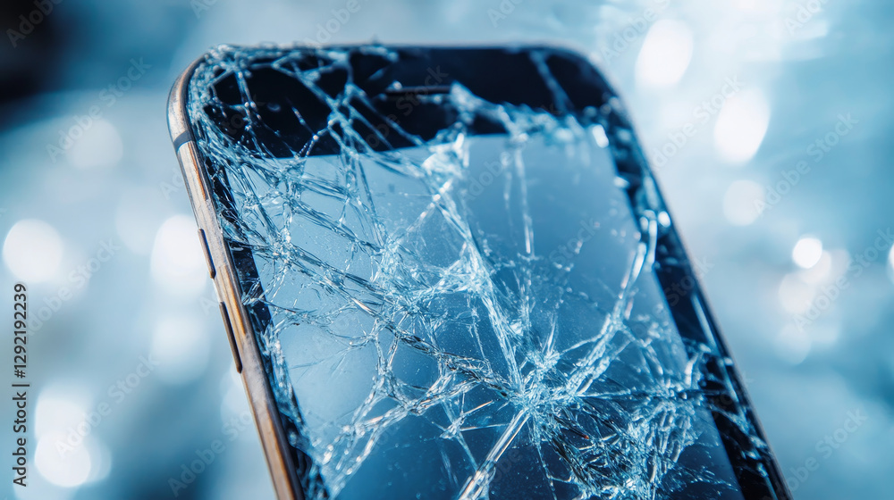 Poster mobile phone with broken screen set front and side view, smashed smartphone, shattered electronics d