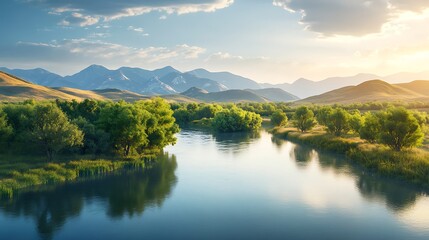 Clear lake with snowy peaks and lush forest high resolution picture