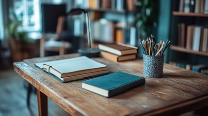 Obraz premium Cozy workspace with open books and pencils on a wooden desk in a home office